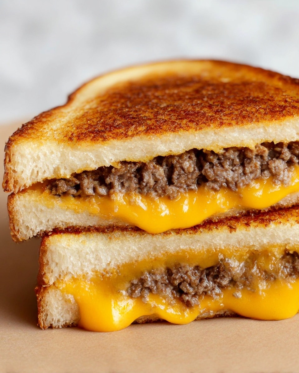 A close-up view of a sandwich cut in half, showing three layers: the top and bottom layers are toasted white bread with a golden-brown crispy surface, and the middle layer contains a juicy cooked ground beef patty in the center surrounded by melted bright orange cheddar cheese that oozes slightly out of the sandwich edges. The sandwich halves rest on a light tan surface with soft focus in the background and a white marbled texture underneath. photo taken with an iphone --ar 4:5 --v 7