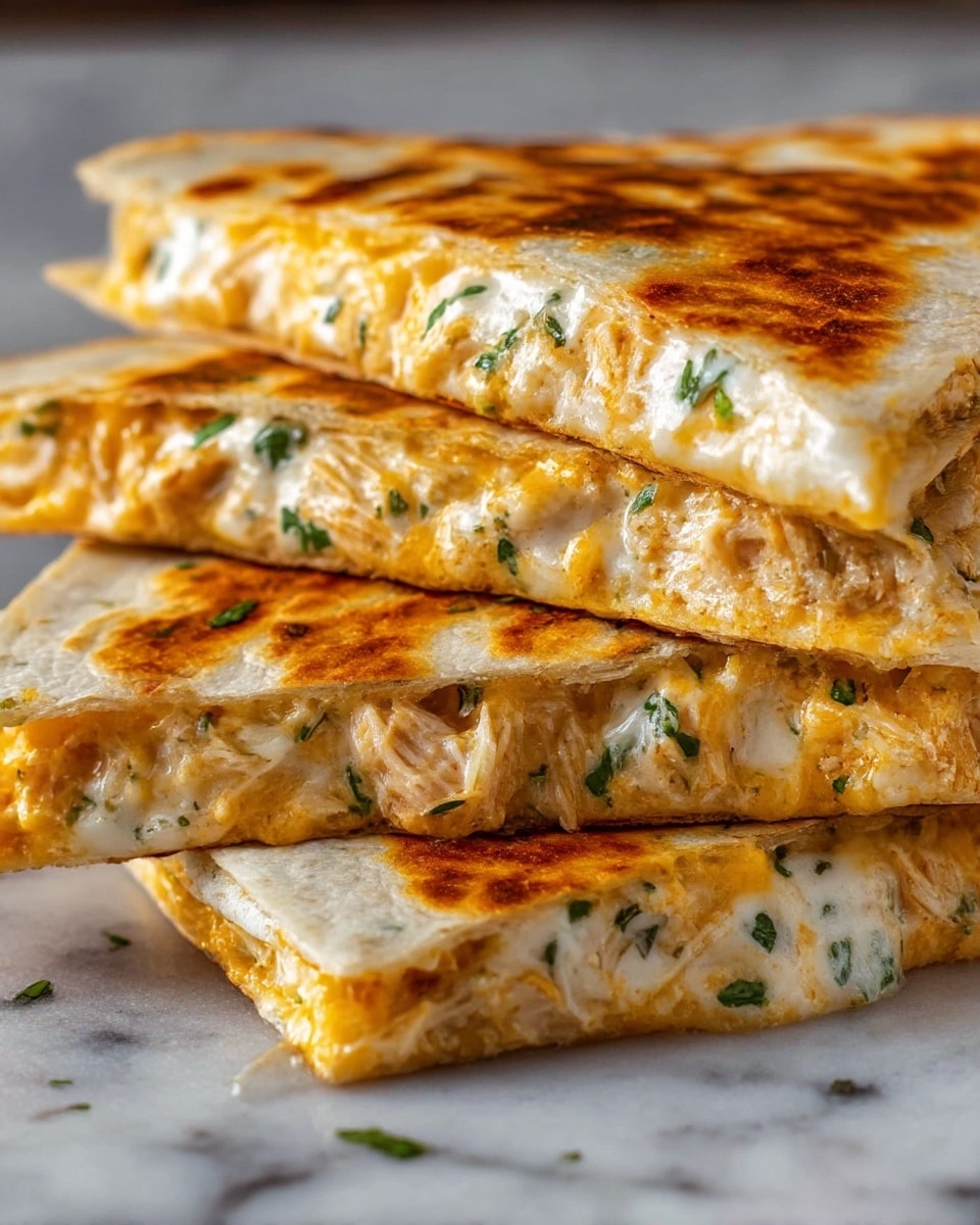 The image shows a close-up view of three stacked quesadilla slices with a golden-brown toasted flatbread exterior. Each slice reveals a thick, creamy filling made of melted white and yellow cheese mixed with shredded chicken and specks of green herbs. The filling is slightly oozing out, showing a rich texture and visible pieces of chicken and herbs. The quesadillas sit on a white marbled surface, enhancing the contrast of colors with the warm, crispy crust and the creamy filling visible inside. Photo taken with an iphone --ar 4:5 --v 7