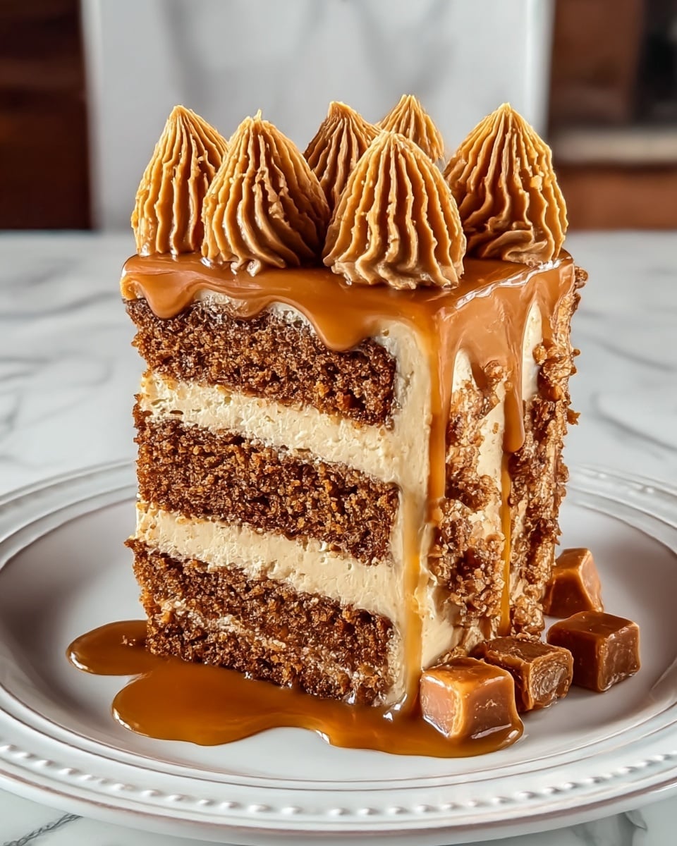 A slice of three-layered cake sits on a white plate with a simple pattern, placed on a white marbled surface. The bottom and top layers are crumbly, dark brown cake with a rough texture, while the two middle layers are smooth light brown cream, thicker than the cake layers. A generous amount of shiny caramel sauce drips down from the top, pooling around the base of the slice. On top, five small swirls of the same light brown cream are neatly piped, adding a textured finish. The background is softly blurred, showing a cozy kitchen setting. photo taken with an iphone --ar 4:5 --v 7