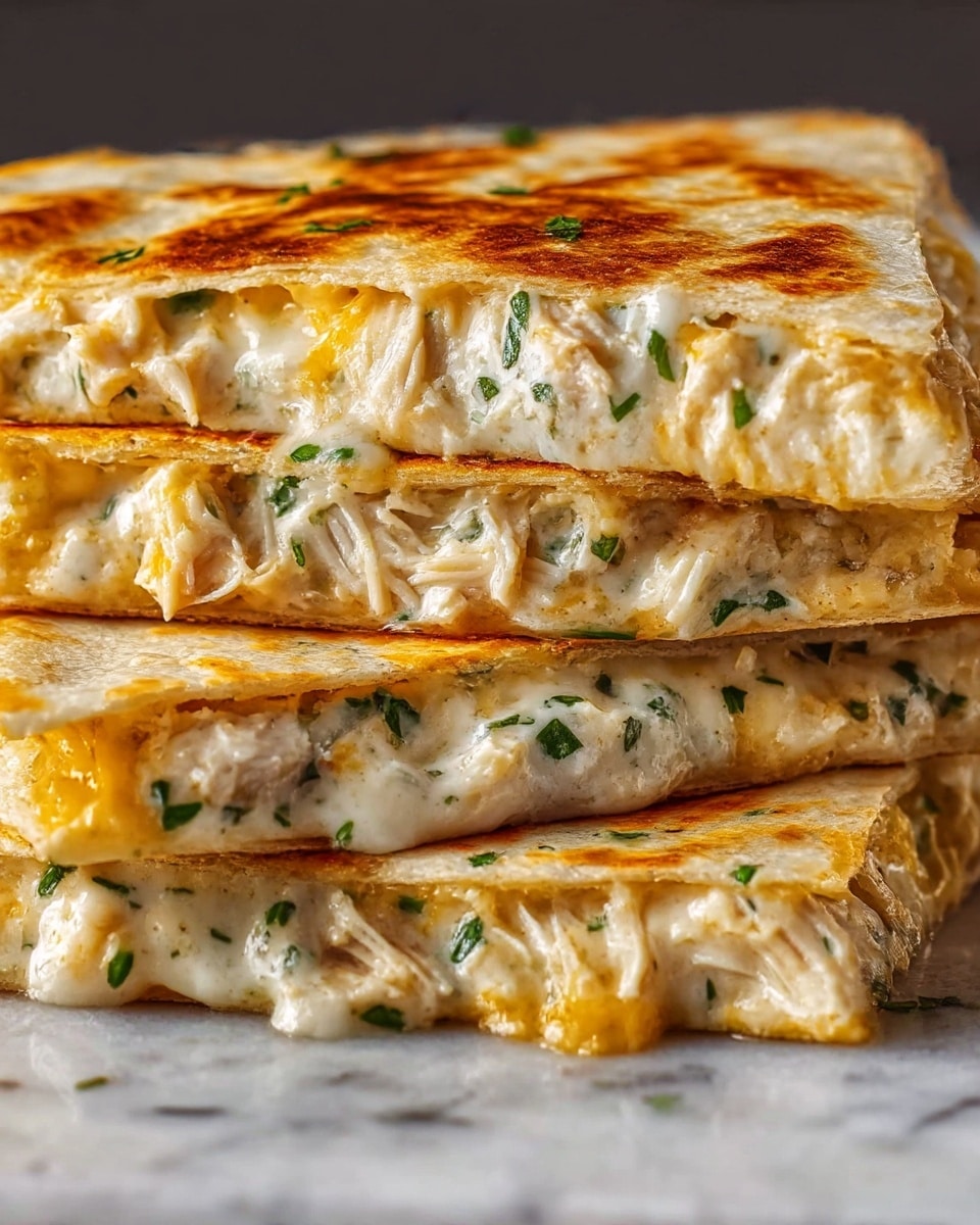 A close-up of a stack of four folded quesadilla slices, each with a thin golden-brown grilled tortilla exterior showing light crisp patterns, filled thickly with a creamy white cheese mixture dotted with melted yellow cheddar and bits of green herbs. The filling looks soft and rich with visible pieces of shredded chicken mixed in, slightly oozing out from the edges. Small green herb bits are sprinkled on top and around the quesadillas for a fresh look. The stack sits on a dark surface with a white marbled texture subtly visible below. Photo taken with an iphone --ar 4:5 --v 7